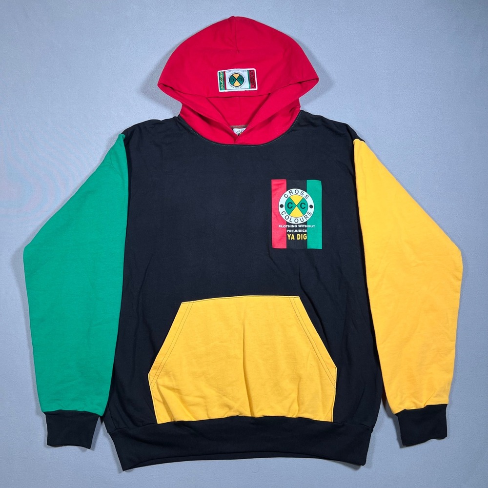 Cross Colours Mens Colorblock Hoodie Black Red Yellow Green Logo Size L USA Made